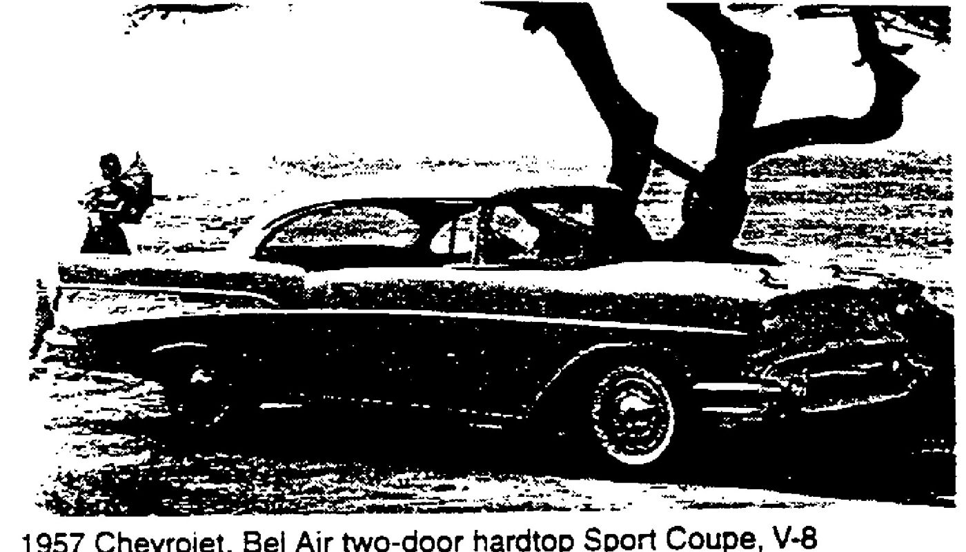 Black-and-white photocopied photograph of a dark 1957 Chevrolet Bel Air Sport Coupe in side view under a bare tree, captioned "1957 Chevrolet, Bel Air two-door hardtop Sport Coupe, V-8"