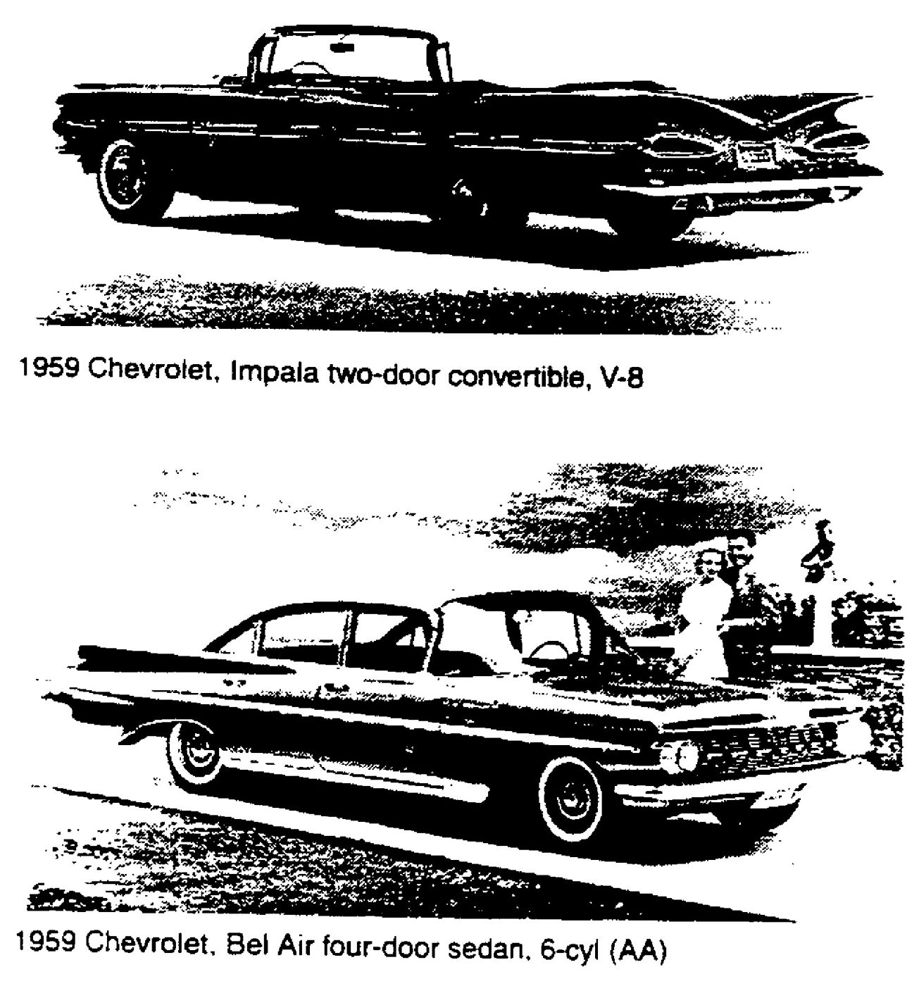 Two black-and-white photocopied photographs: a dark 1959 Chevrolet Impala convertible with its gull-wing fins, captioned V-8, and a 1959 Chevrolet Bel Air four-door sedan with a couple standing behind it, captioned 6-cyl