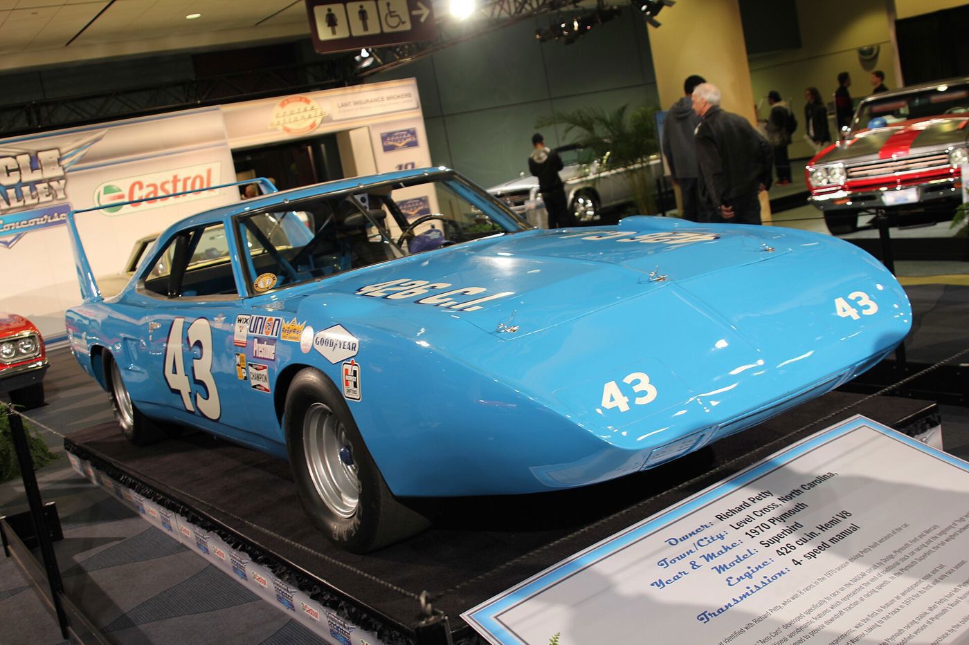 Petty Blue number 43 Plymouth Superbird with nose cone and tall rear wing on a display stand