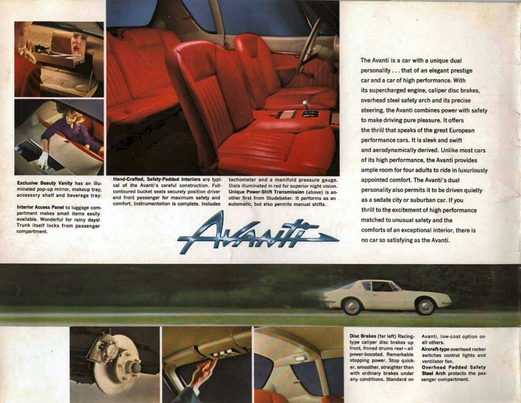 Brochure page with the red Avanti interior, vanity and trunk-access insets, a white Avanti at speed and details of the disc brakes and overhead switches