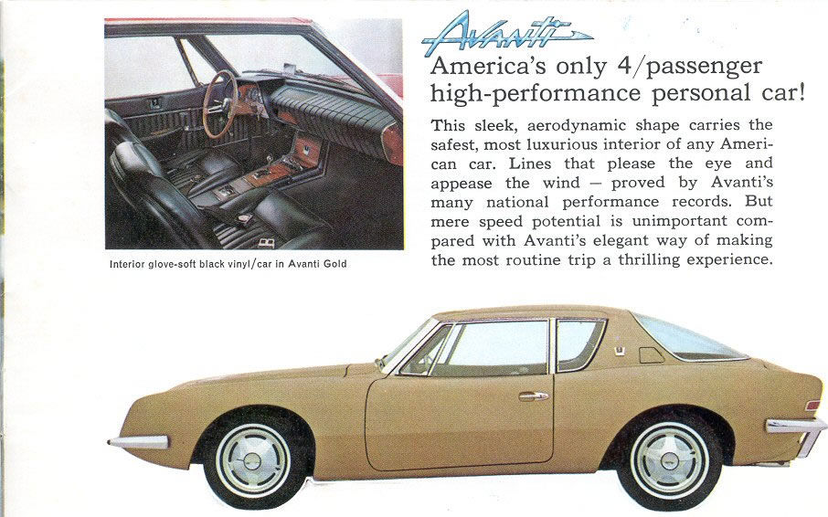 Brochure page with a gold 1964 Avanti in side profile and a black vinyl interior inset