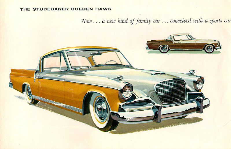 Brochure illustration of a gold and white 1956 Golden Hawk, with a brown Hawk coupe in the background