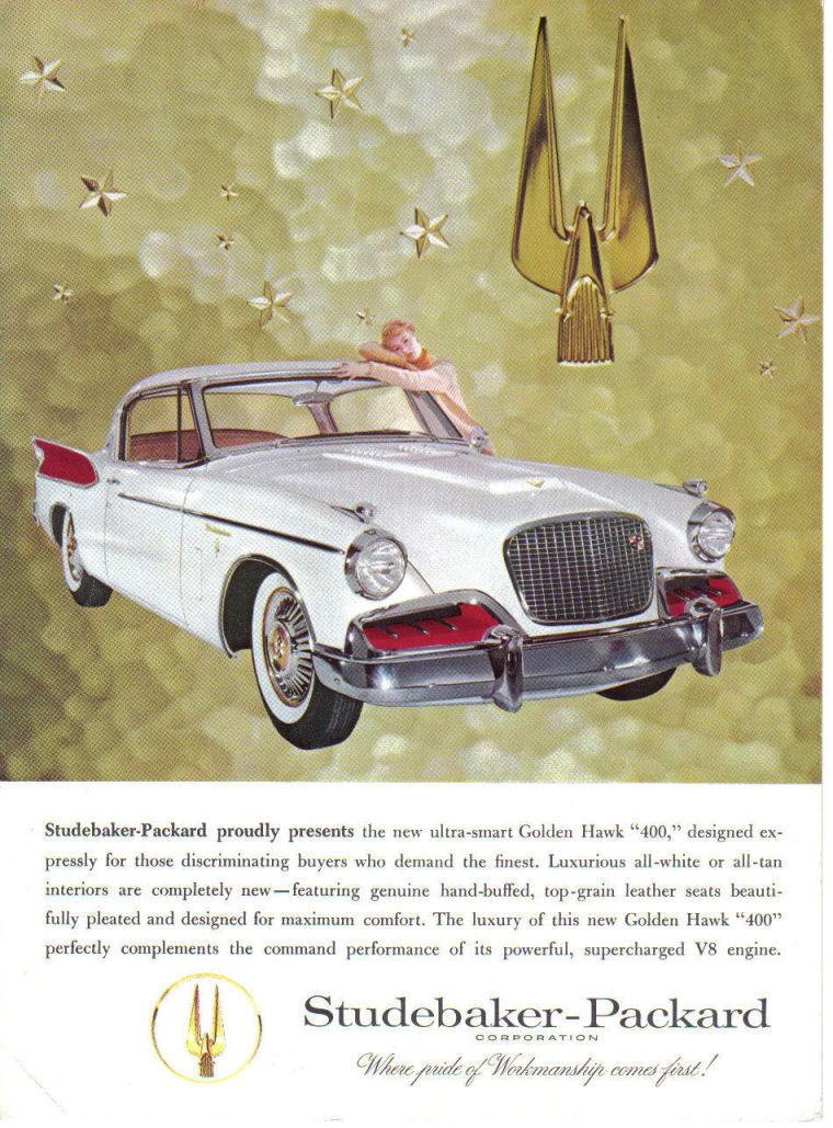 Sales folder cover with a white 1957 Golden Hawk with red fin inserts, gold Hawk emblem and a woman leaning on the roof