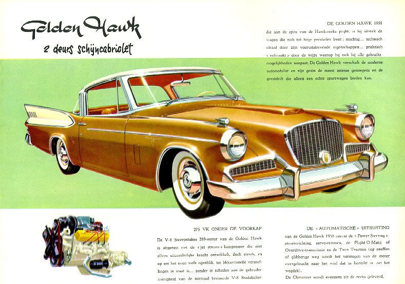 Dutch-language brochure illustration of a gold and white 1958 Golden Hawk with its supercharged V8 drawn below