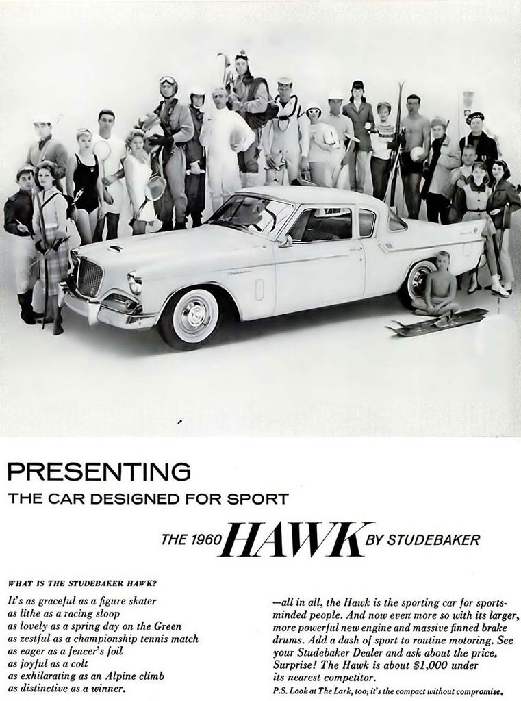 Black-and-white advertisement with a white 1960 Studebaker Hawk surrounded by sports figures