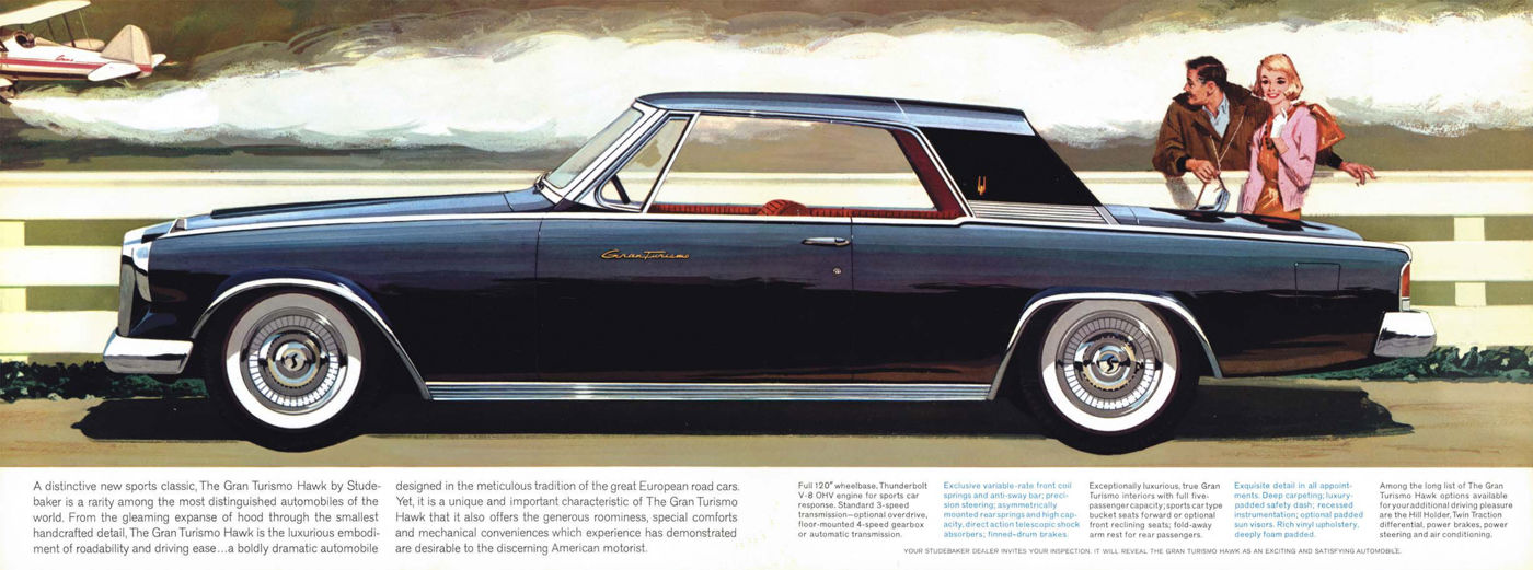 Folder illustration of a dark blue 1962 Gran Turismo Hawk in side profile with a couple and a biplane behind