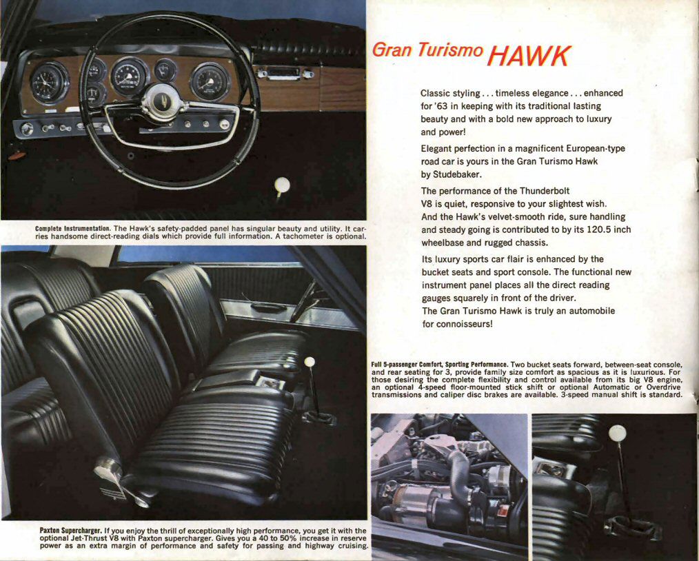 Brochure page with the Gran Turismo Hawk instrument panel, black bucket seats, console shifter and the Paxton supercharger