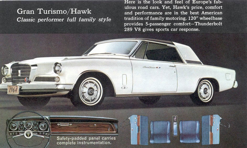 Brochure page with a white 1964 Gran Turismo Hawk with a 1964 placard, dash and interior inset