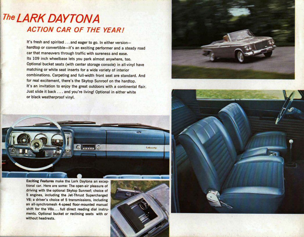 Brochure page with a Lark Daytona convertible on the road, blue dash, blue bucket seats with console and the Skytop sunroof