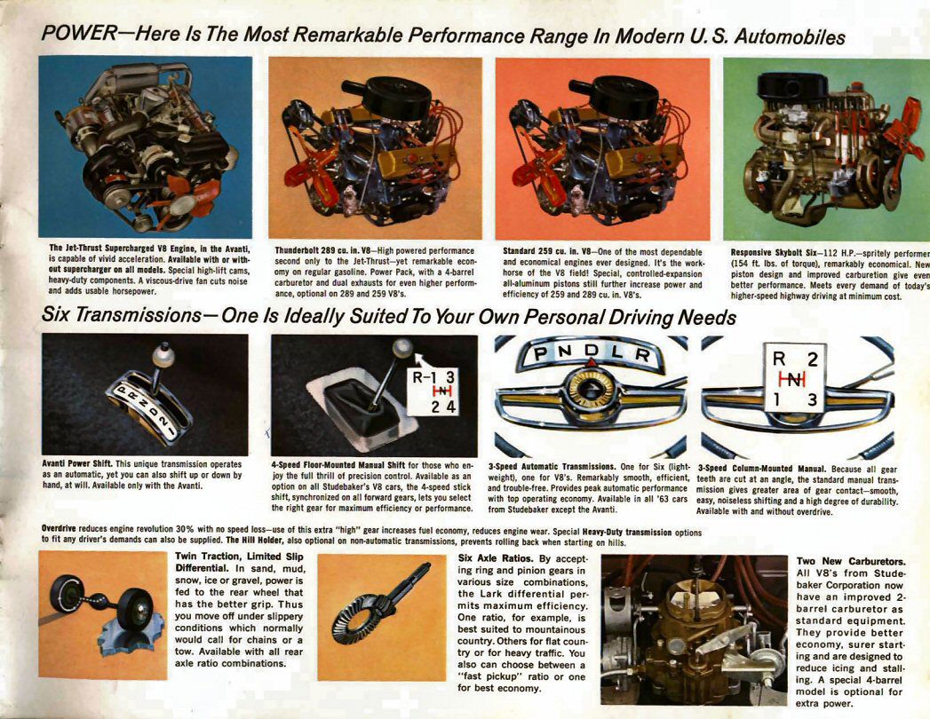 Brochure page with the supercharged Jet-Thrust V8, Thunderbolt 289, 259 V8 and Skybolt six, plus transmissions and axle options