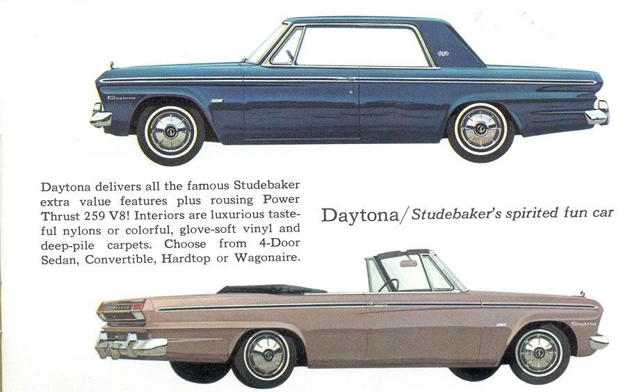 Brochure page with a blue 1964 Studebaker Daytona hardtop and a bronze Daytona convertible in side view